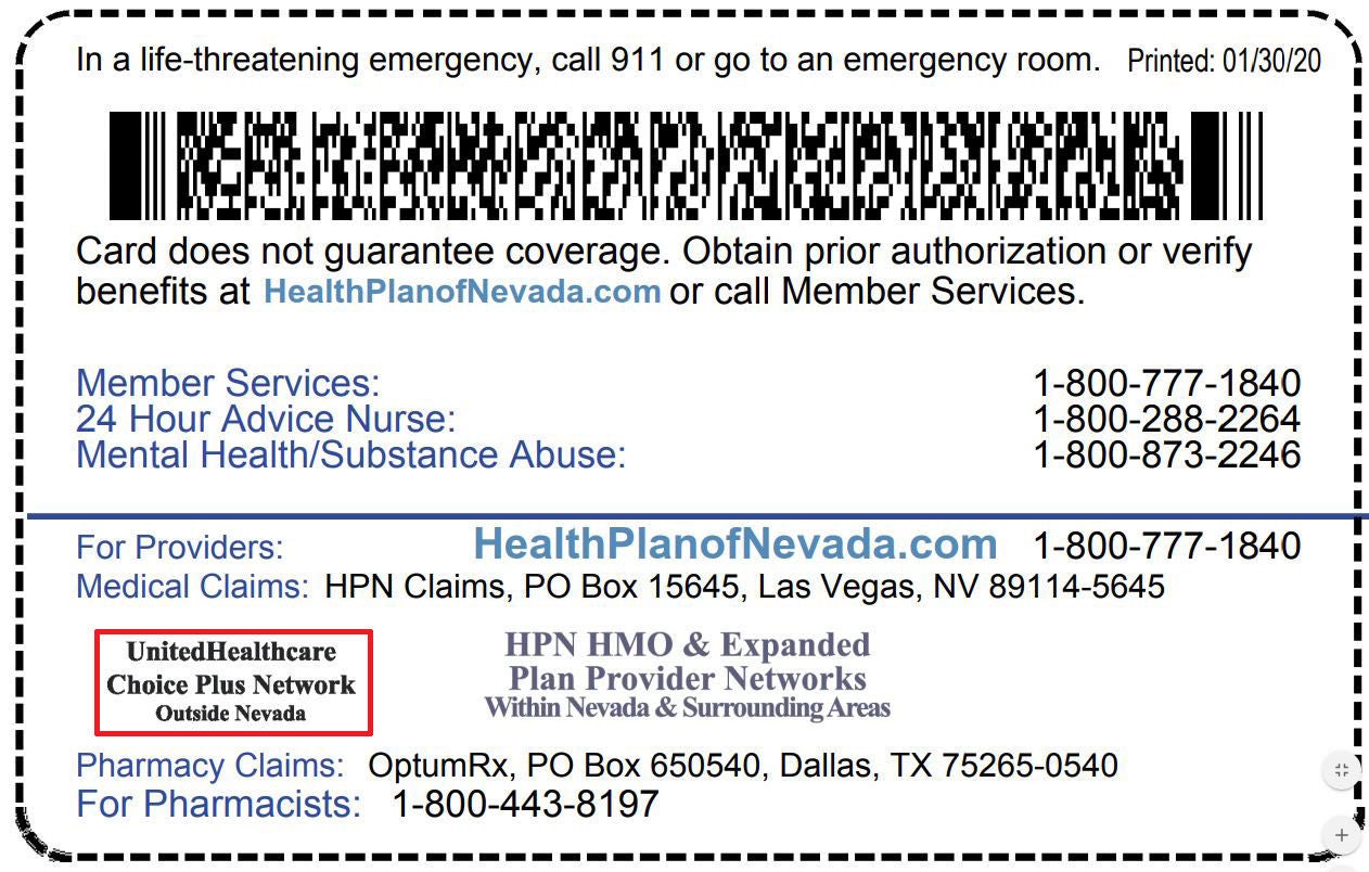 health plan ID card example with UnitedHealthcare choice plus network outside Vevada on back of card